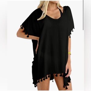 NWOT Black Chiffon Tassel Swimsuit Cover Up | Size Medium